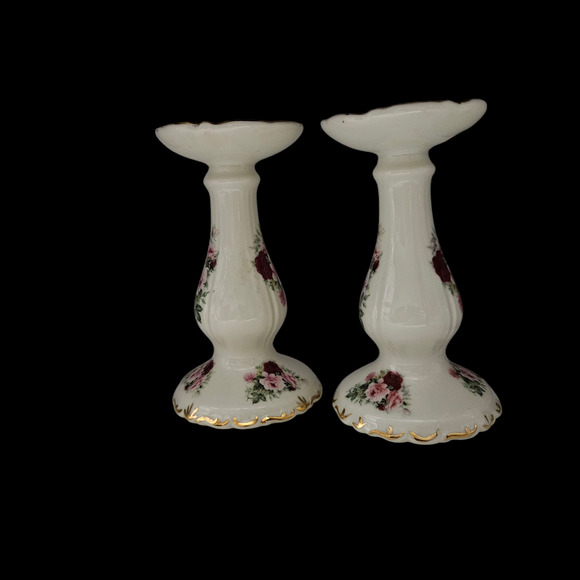 Formalities by Baum Bros Rose Floral Candlestick Holders Pair Gold Trim - Picture 2 of 6